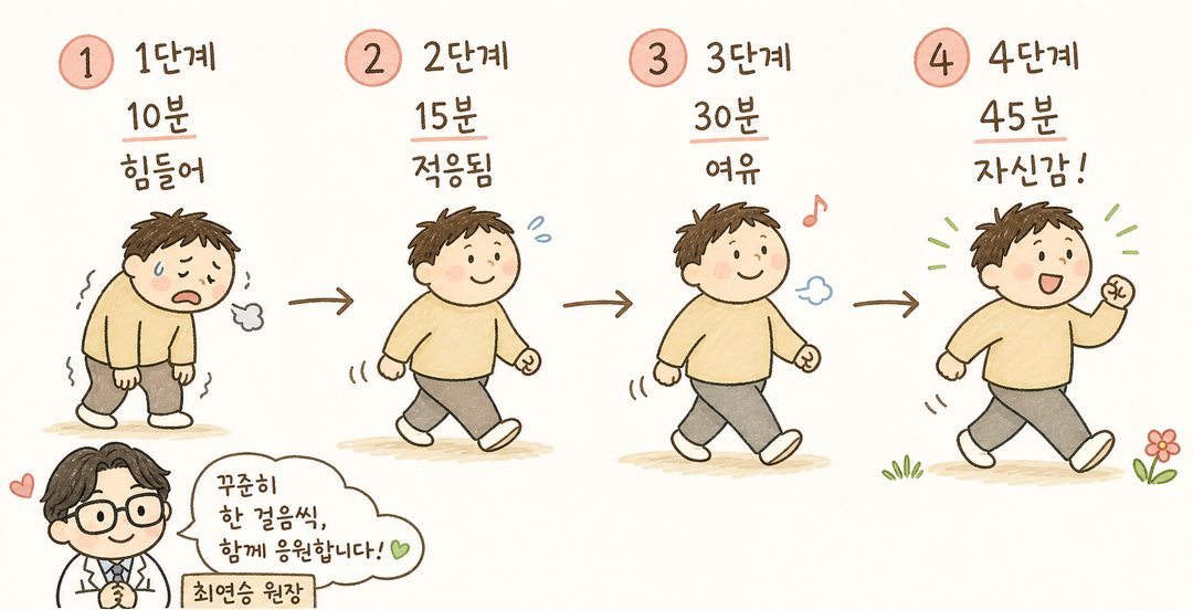 A sequence illustration depicting a patient's walking progress in 4 stages. Stage 1 (Tired expression, 10 mins), Stage 2 (Slightly better, 15 mins), Stage 3 (Relaxed expression, 30 mins), Stage 4 (Confident expression, 45 mins).