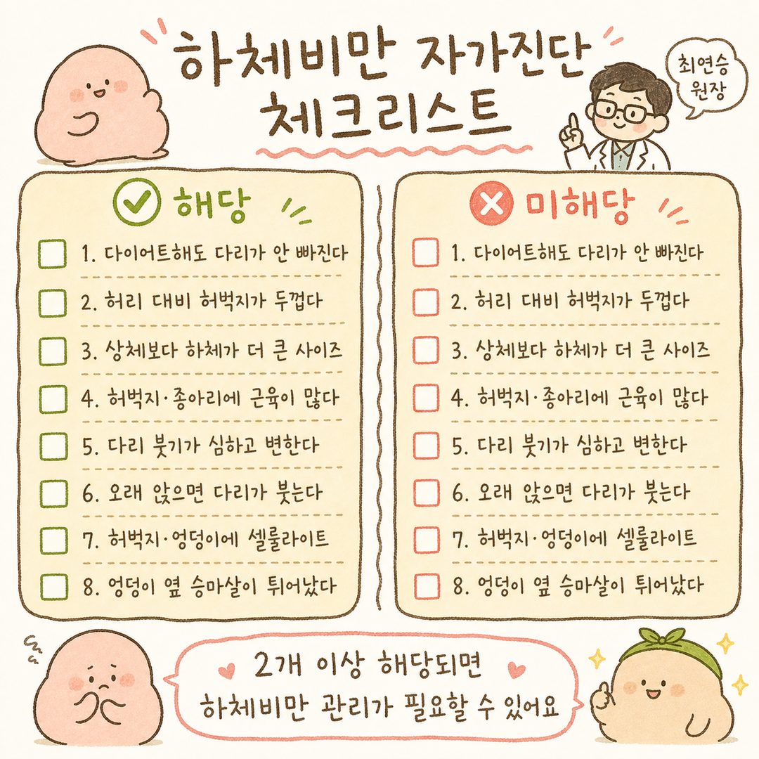 하체비만 자가진단 체크리스트 8개 항목을 ✅(해당)/❌(미해당) 두 열로 정렬, 2개 이상 해당 시 주의 안내 텍스트 하단 배치