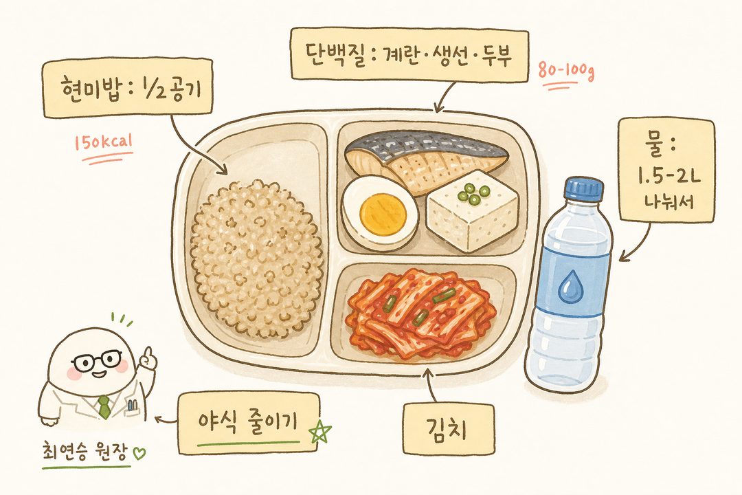 Meal composition diagram — Top view of a lunch box, brown rice (1/2 bowl), protein (eggs, fish, tofu), water bottle (1.5-2L), kimchi