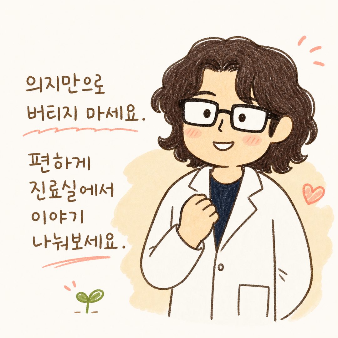 캐릭터가 환자 또는 독자를 따뜻하게 응원하는 표정. 또는 환자가 결심을 다지는 희망찬 표정으로 감정적 마무리