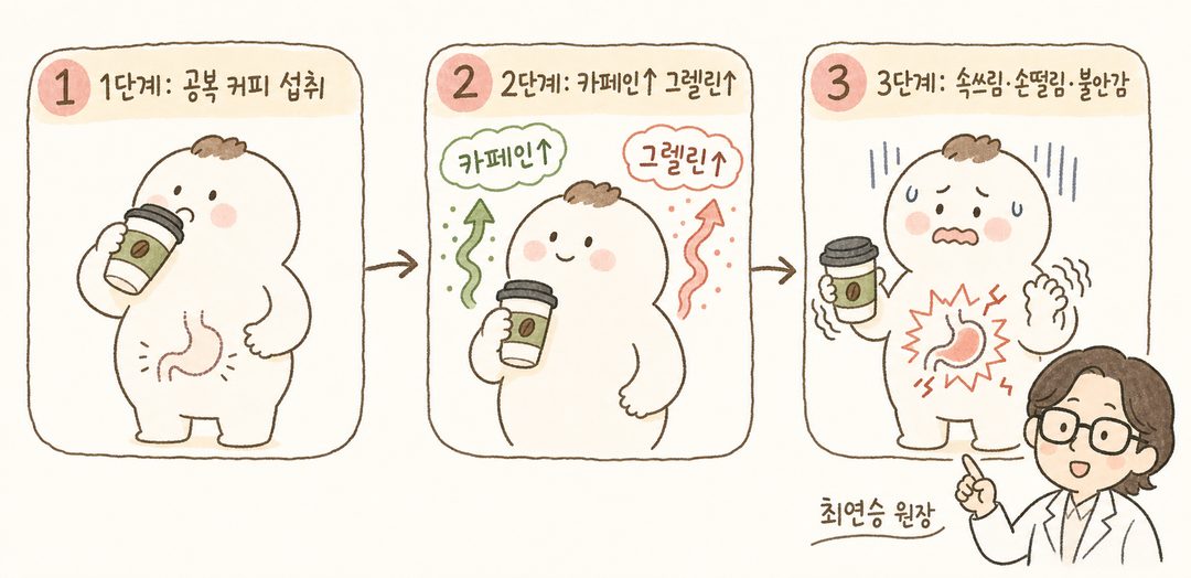 공복 커피 섭취 후 신체 반응을 3단계로 표현. 한의사 캐릭터가 손가락으로 단계별로 설명하는 형태. 1단계(커피 섭취) → 2단계(카페인·그렐린 상승) → 3단계(부작용 증상 발생