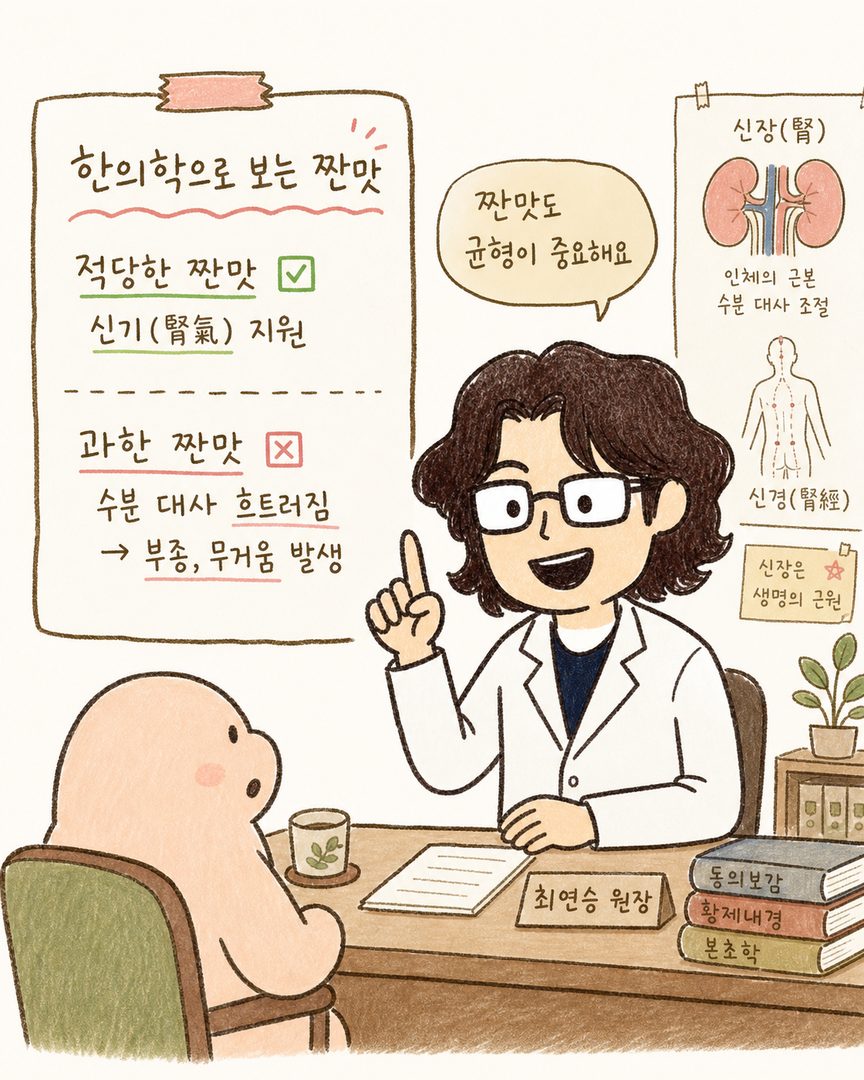 한의원 진료실 분위기. 백록담 한의원 원장이 환자 맞은편에서 설명하는 모습. 한손을 들어 짠맛의 영향을 강조하는 제스처. 배경에 한의학 경락도나 오장육부(특히 신장) 그림이 있음.