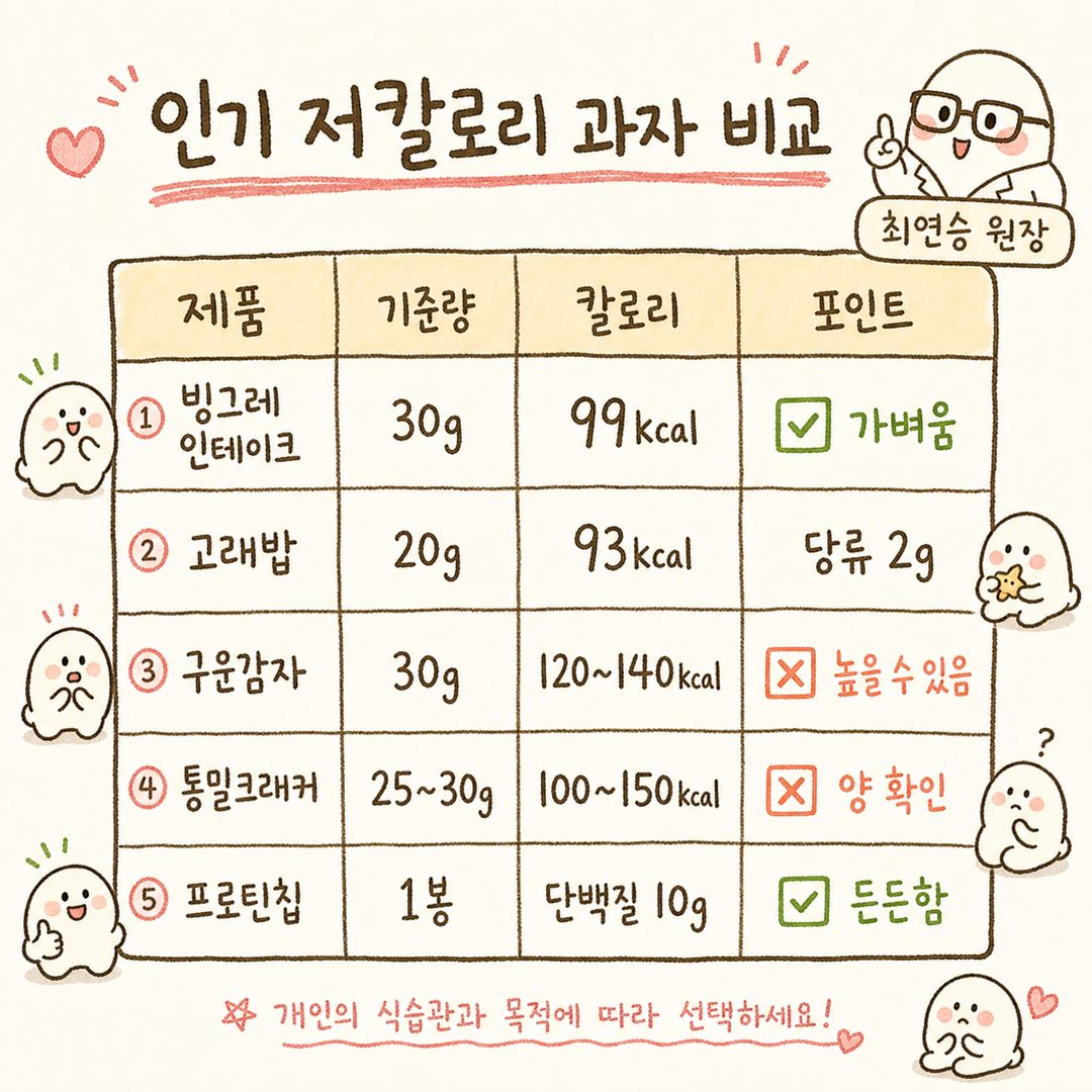 시판 인기 제품 비교표 — 빙그레 인테이크, 고래밥, 구운감자, 통밀크래커, 프로틴칩 등의 칼로리·단백질·지방·당류 수치를 한눈에 비교 가능한 표 형식으로 명확하게 정렬