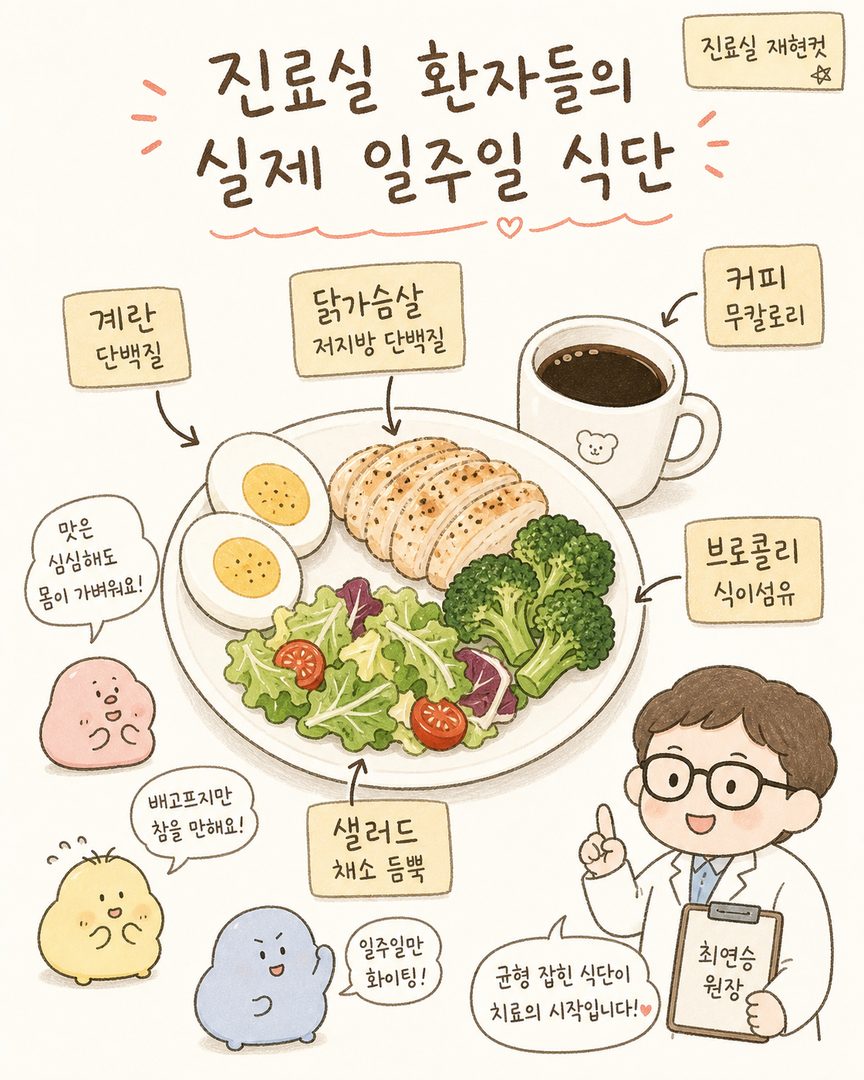 진료실 식단 재현컷: 삶은 계란 2개, 닭가슴살, 브로콜리, 샐러드, 검은색 커피잔이 흰 접시/컵에 배치. 각 식재료 옆에 화살표와 영양정보 라벨(계란=단백질, 커피=무칼로리 등)