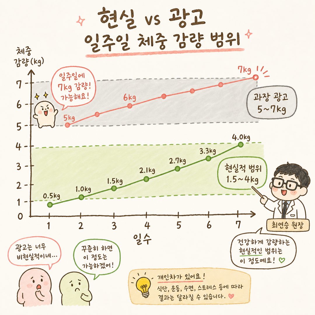 꺾은선 그래프: 가로축 '일수'(17일), 세로축 '체중 감량(kg)'. 현실적 범위 1.54kg 영역은 초록색, 과장된 광고 5~7kg 영역은 회색으로 표시
