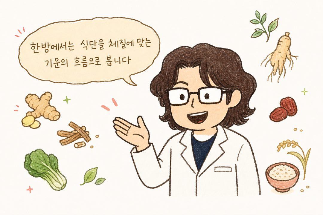 백록담 한의사 캐릭터가 따뜻한 미소로 환자를 향해 설명하는 장면 — 흰 의료복 또는 차분한 복장, 신뢰감 있는 표정과 손짓. 주변에 한약재, 건강한 식재료 아이콘 배치. 말풍선에