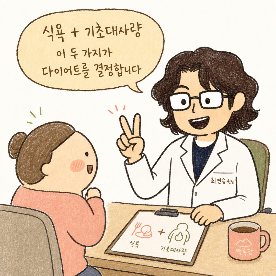 백록담 원장이 진료실에서 환자에게 설명하는 장면. 원장이 손가락 두 개를 들며 '살을 빼기 힘든 두 가지 이유'를 설명하는 모습. 환자는 고개를 끄덕이고 있음. 따뜻하고 신뢰감 있