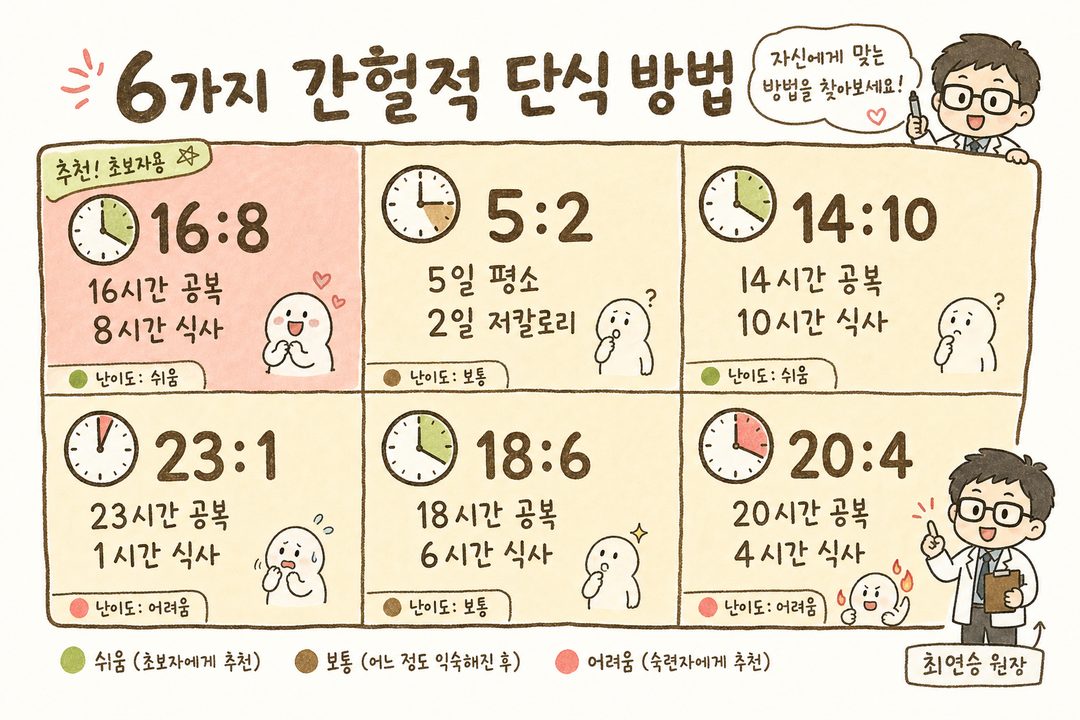 2×3 또는 3×2 매트릭스 그리드로 6가지 간헐적 단식 방법을 정렬. 각 칸에 시계 이미지와 함께 비율 표시(16:8, 5:2, 14:10, 23:1, 18:6, 20:4). 초
