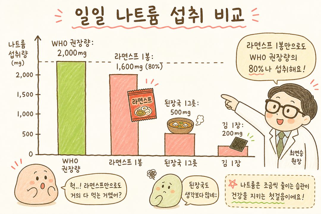 막대 차트로 일일 나트륨 섭취량을 시각화. 라면스프 1봉(1,600mg)이 WHO 권장량(2,000mg)에 거의 도달하는 높이로, 다른 음식들(김 200mg, 된장국 500mg 등