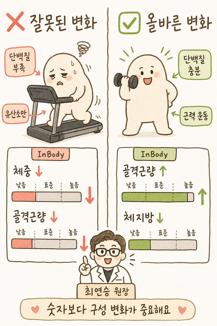Bên trái ❌ Giảm cân sai cách (thiếu đạm, chỉ tập cardio): Toàn bộ thanh InBody đi xuống (Cân nặng↓ Khối lượng cơ xương↓). Bên phải ✅ Giảm cân đúng cách (đủ đạm, tập kháng lực): Khối lượng cơ xương tăng, mỡ cơ thể giảm.