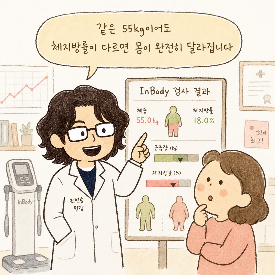 진료실 배경. 의사 캐릭터가 인바디 검사 결과판을 손가락으로 가리키며 설명하고 있는 장면. 의사는 친근한 미소 표정. 옆에 환자 캐릭터는 고민스럽거나 호기심 가득한 표정. 배경에