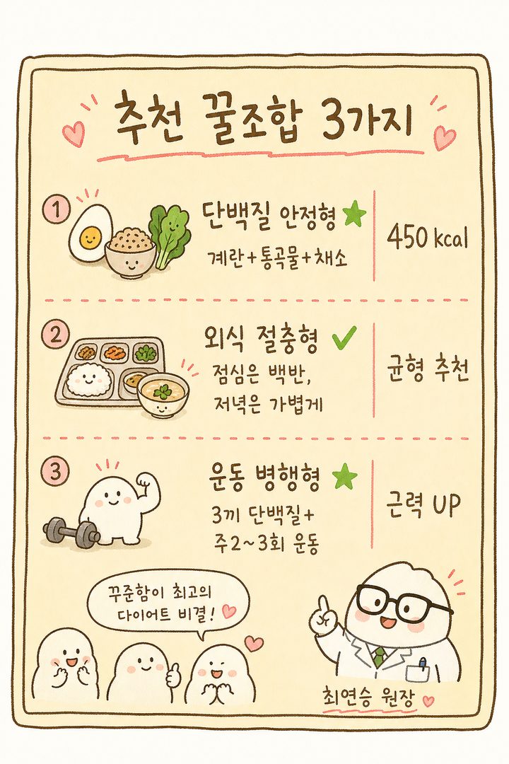 咖啡廳黑板菜單風格,列出 3 種推薦食單組合。分別標註『① 蛋白質穩定型』、『② 外食折衷型』、『③ 運動並行型』的圖示與核心組成要素。上方標註『推薦食單』。