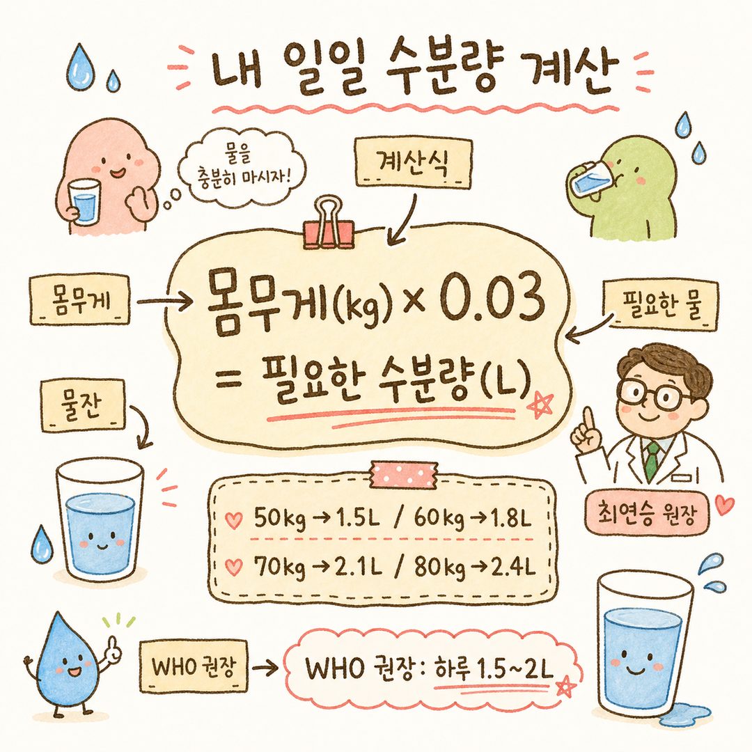 個人別の1日水分摂取量を計算するラベルカット — 中央に大きな公式「体重(kg) × 0.03 = 必要な水分量(L)」を強調。例として50kg/60kg/70kg/80kg別の計算結果を表示