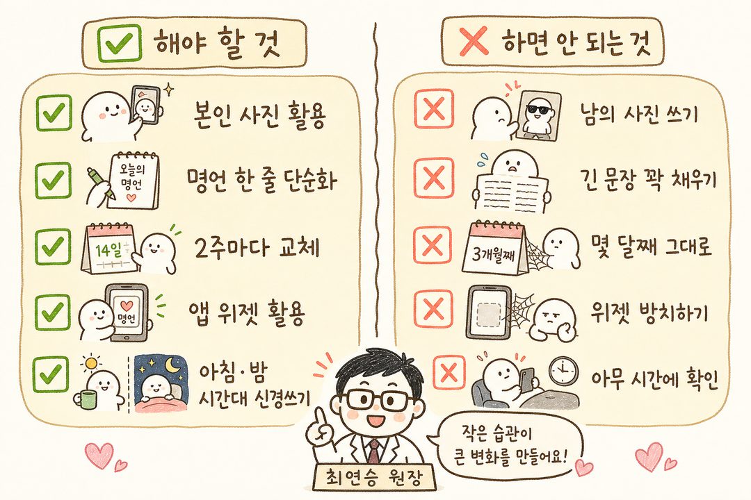 5가지 실천 포인트를 ✅해야 할 것 vs ✗하면 안 되는 것으로 나눈 체크리스트. 아이콘과 텍스트로 명확히 구분
