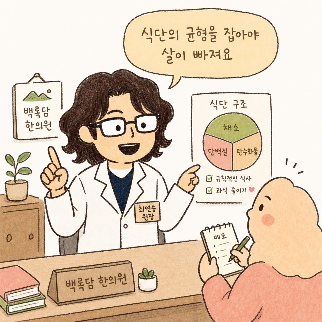 백록담 한의원 진료실에서 의사가 식단 구조의 중요성을 설명하는 장면 — 의사가 손으로 가리키며 설명하고, 환자가 메모를 하거나 경청하는 모습
