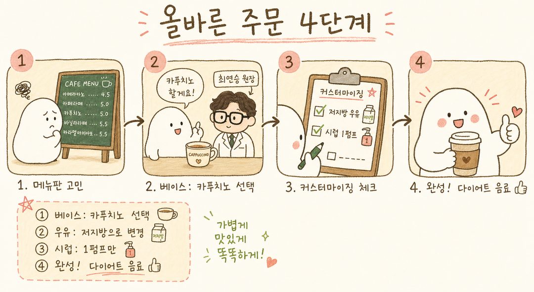고민하는 캐릭터가 메뉴판을 보다가 4단계에 걸쳐 올바른 선택으로 진행하는 과정을 시각화. 1단계: 메뉴판 고민, 2단계: 베이스 선택, 3단계: 커스터마이징 체크, 4단계: 만족한