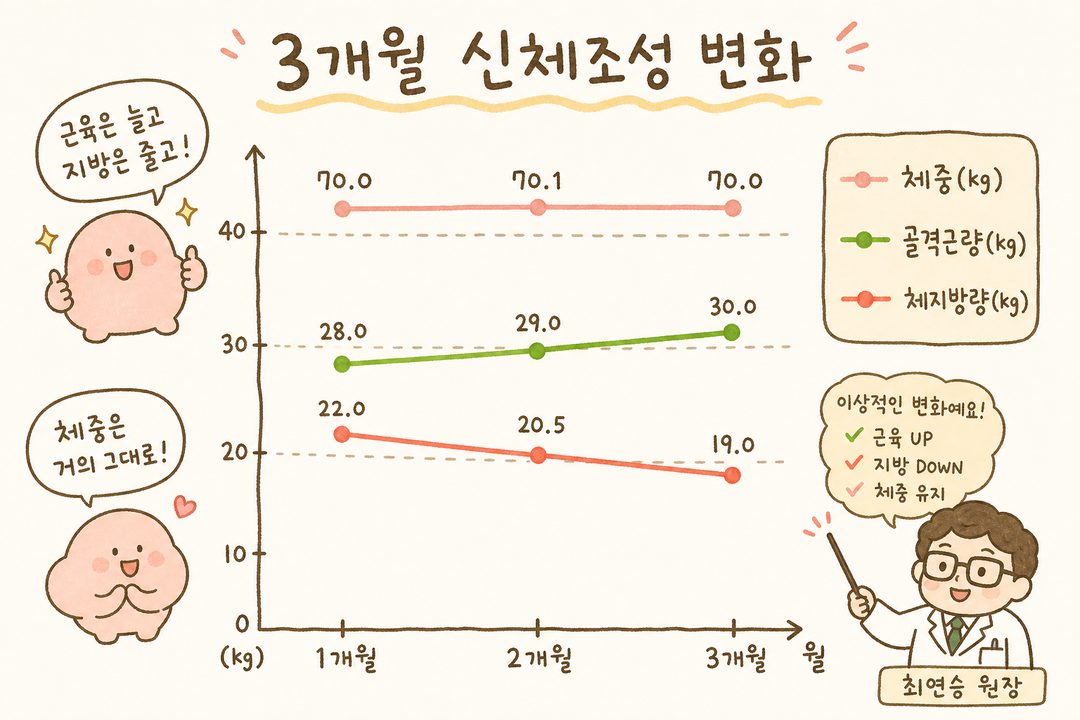 A line graph showing 3-month trends in weight, skeletal muscle mass, and body fat mass. It distinguishes ideal body composition changes where muscle increases and fat decreases even if weight remains the same using three colors.