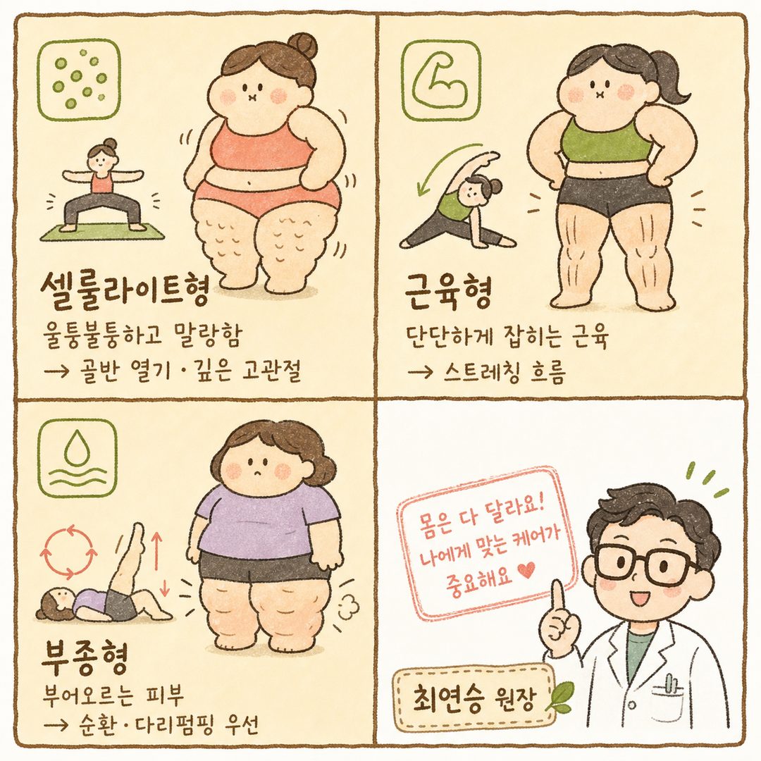 3종류 하체비만 유형을 3개 박스 그리드로 표현, 각 타입별 특징 아이콘과 권장 요가 동작 시각화, 질감·형태 차이로 타입 구분