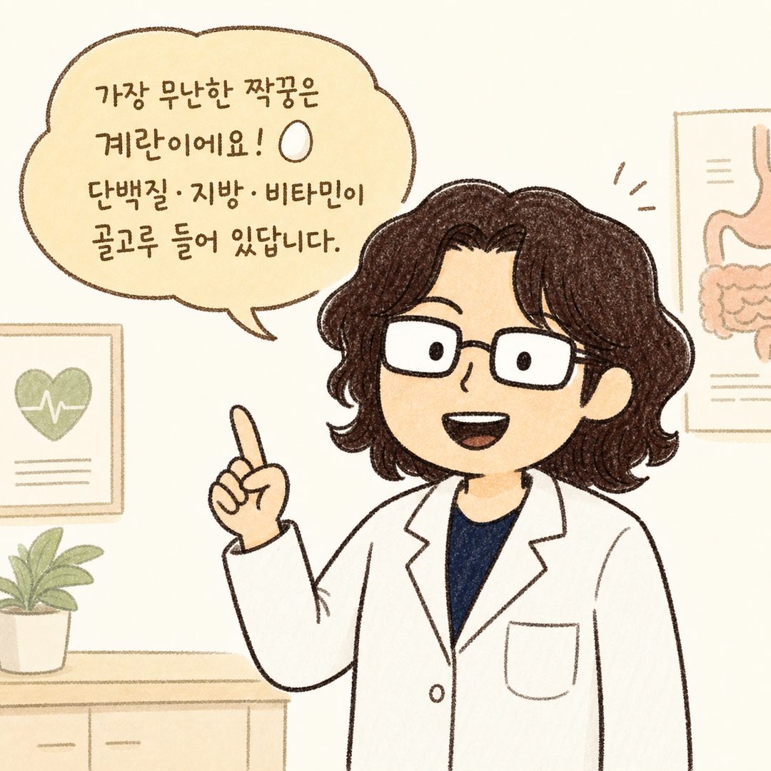 白い医療コートを着た女性医師のキャラクターが笑顔で説明するジェスチャー。親しみやすく信頼感のある表情。