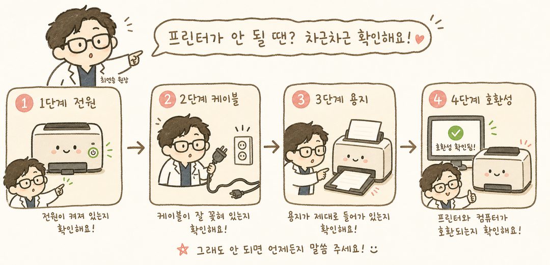의료진이 프린트 문제 해결 순서를 단계별로 설명하는 모습. 1단계(프린터 전원확인) → 2단계(케이블연결확인) → 3단계(용지확인) → 4단계(호환성확인)을 화살표로 연결하여 의료