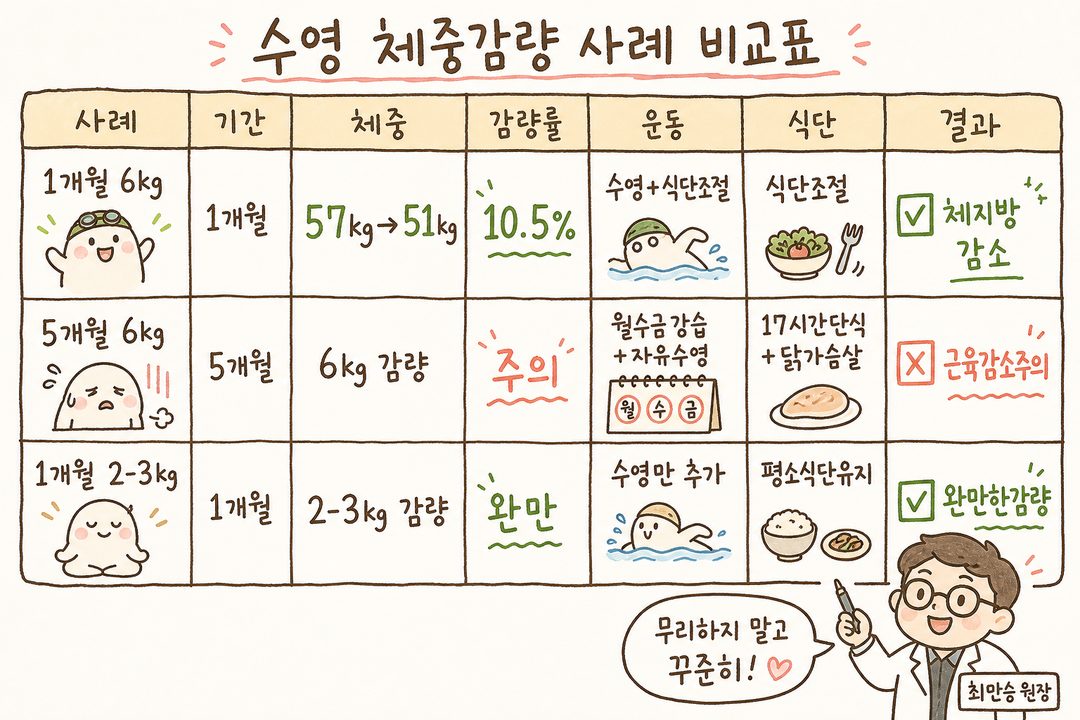 블로그에서 언급한 3가지 실제 체중감량 사례를 비교하는 표. 각 사례별로 감량 기간, 시작-종료 체중, 감량률, 운동 방식, 식단 방식, 결과(체지방률 변화)를 행렬로 정리. 색상