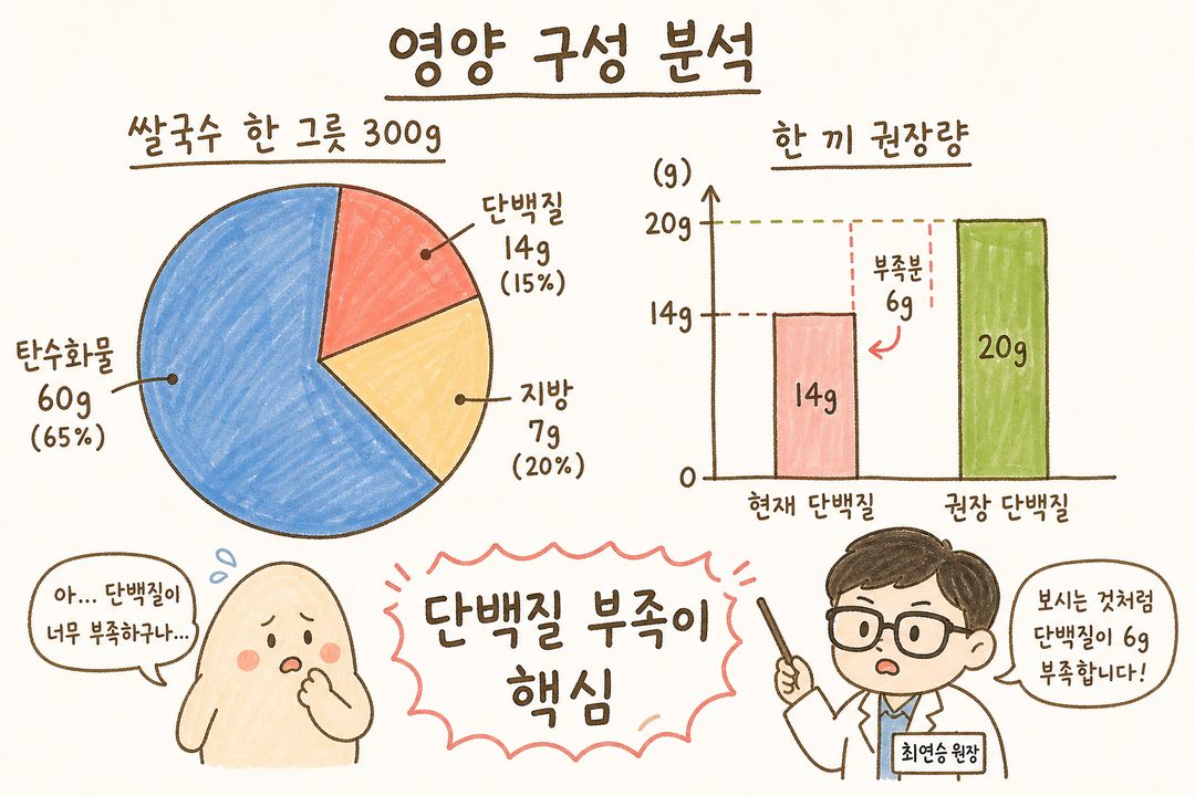 쌀국수 한 그릇(300g)의 영양소 구성을 원형 차트로 표현: 탄수화물 60g(파란색, 가장 큼 약 65%), 단백질 14g(빨간색, 작음 약 15%), 지방 7g(노란색 약 20