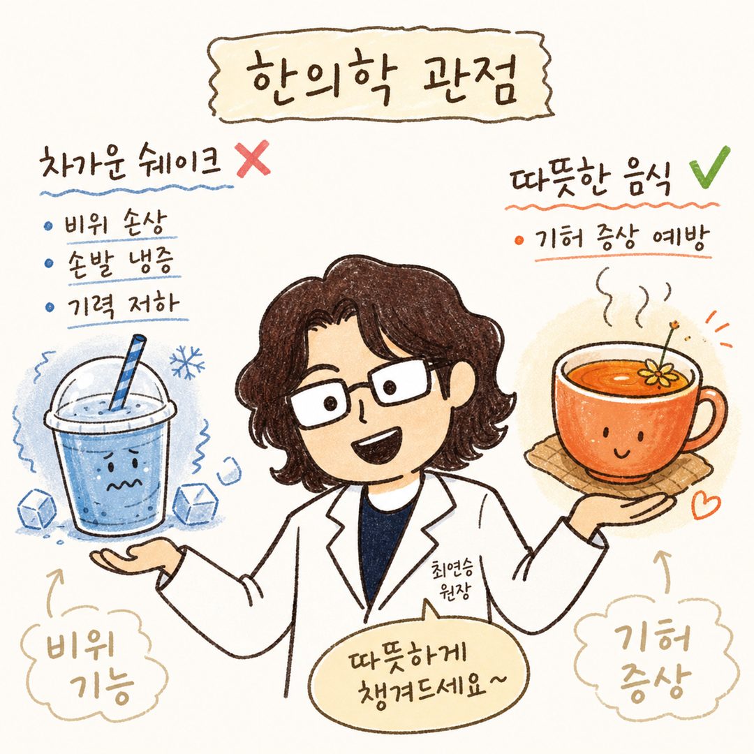한의사 캐릭터가 쉐이크(차가운, 파란색)와 따뜻한 차(주황색)를 비교하며 설명하는 포즈. 배경에 '비위 기능', '기허 증상' 같은 한방 개념 텍스트. 따뜻함과 차가움의 색 대비를