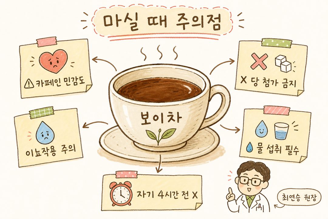보이차 찻잔을 중심으로 화살표와 함께 5개 주의사항을 라벨링한 안내 일러스트. 카페인(심장 아이콘), 당 첨가 금지(✗ 기호), 이뇨작용(물 기호), 타이밍(시계), 물 섭취(잔