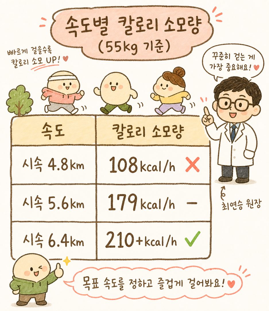 속도별 칼로리 소모량을 비교하는 테이블 형식 시각화 — 3개 열(속도, 칼로리/시간, 강도 레벨)로 구성. 55kg 기준 수치 명시: 시속 4.8km→108kcal/시간(산책),
