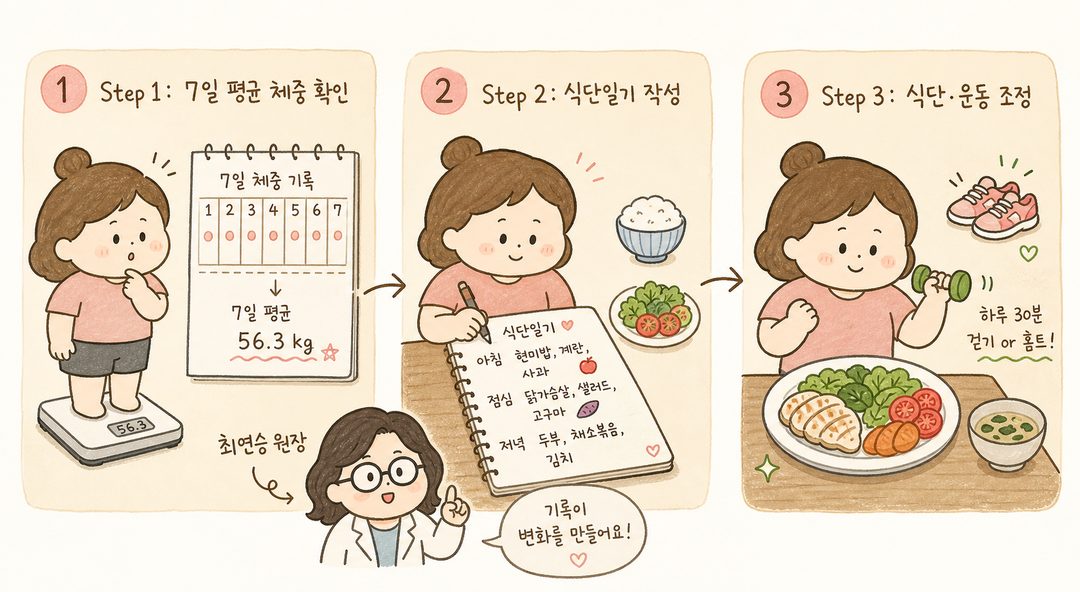 3단계 프로세스를 따라 진행되는 시퀀스. 1단계(진짜 정체기 진단: 7일 평균 측정), 2단계(식단일기 작성), 3단계(식단 미세조정 및 운동 추가)를 표현하며, 각 단계마다 여성