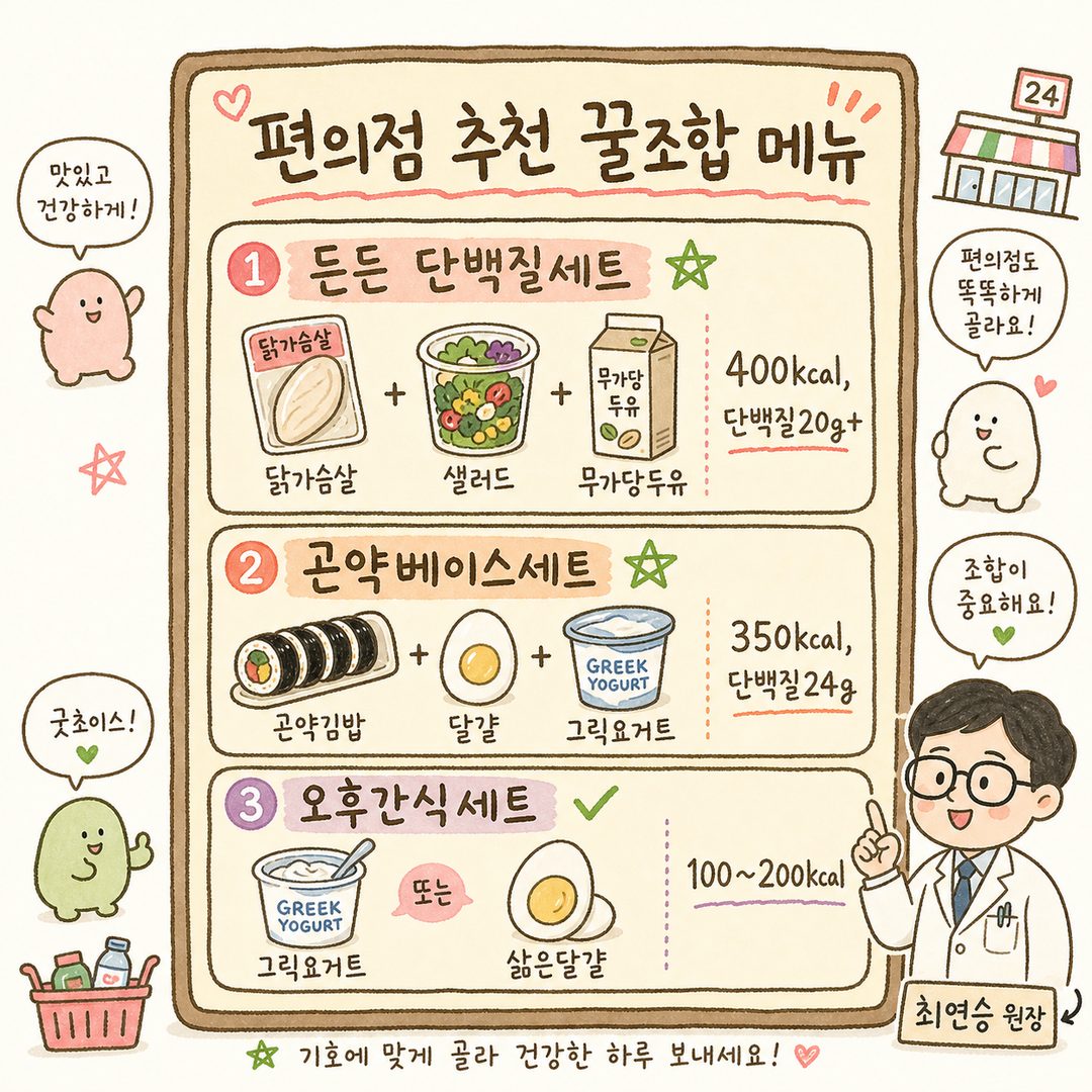 편의점 메뉴판 스타일의 3가지 추천 꿀조합: 각 세트를 박스나 보드 형태로 나열하고, 상품 이름·칼로리·단백질량·타이틀을 메뉴판처럼 정렬. (1) 든든 단백질 세트 (2) 가벼운 