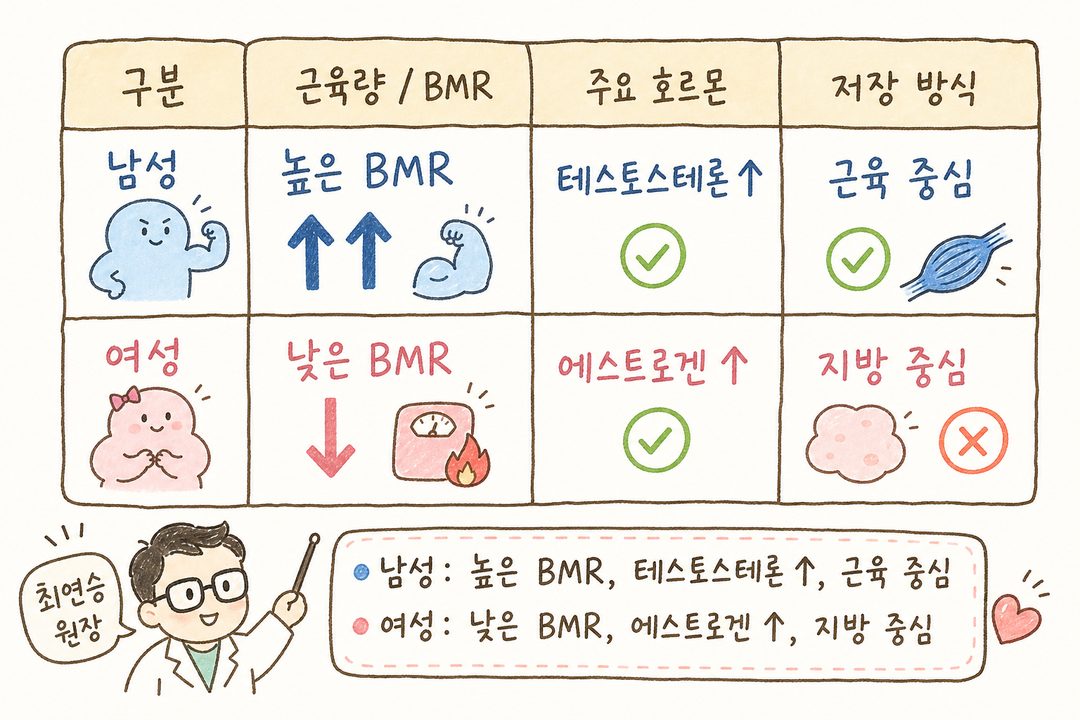 2x4 comparison table clearly showing differences in metabolism, hormones, and storage methods between men and women. Includes muscle mass, basal metabolic rate (BMR), primary hormones (testosterone/estrogen), and energy storage methods with figures.