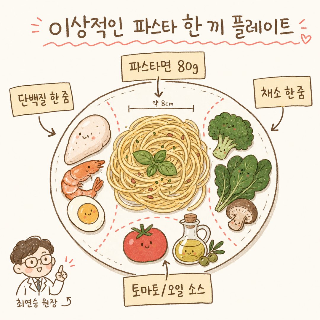 パスタ一皿を真上から見た図。中央のメインはパスタ麺(乾麺80gの計量表示) → 矢印で周囲にラベリング:左側-タンパク質(鶏胸肉/エビ/卵のアイコン)、右側-野菜(ブロッコリー/キノコ)