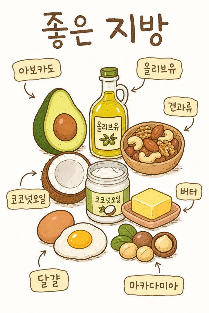 Good fat foods recommended for keto arranged in a label sticker format — objects like avocado, olive oil bottle, nuts, coconut, butter, eggs, and macadamia with arrows and labels.