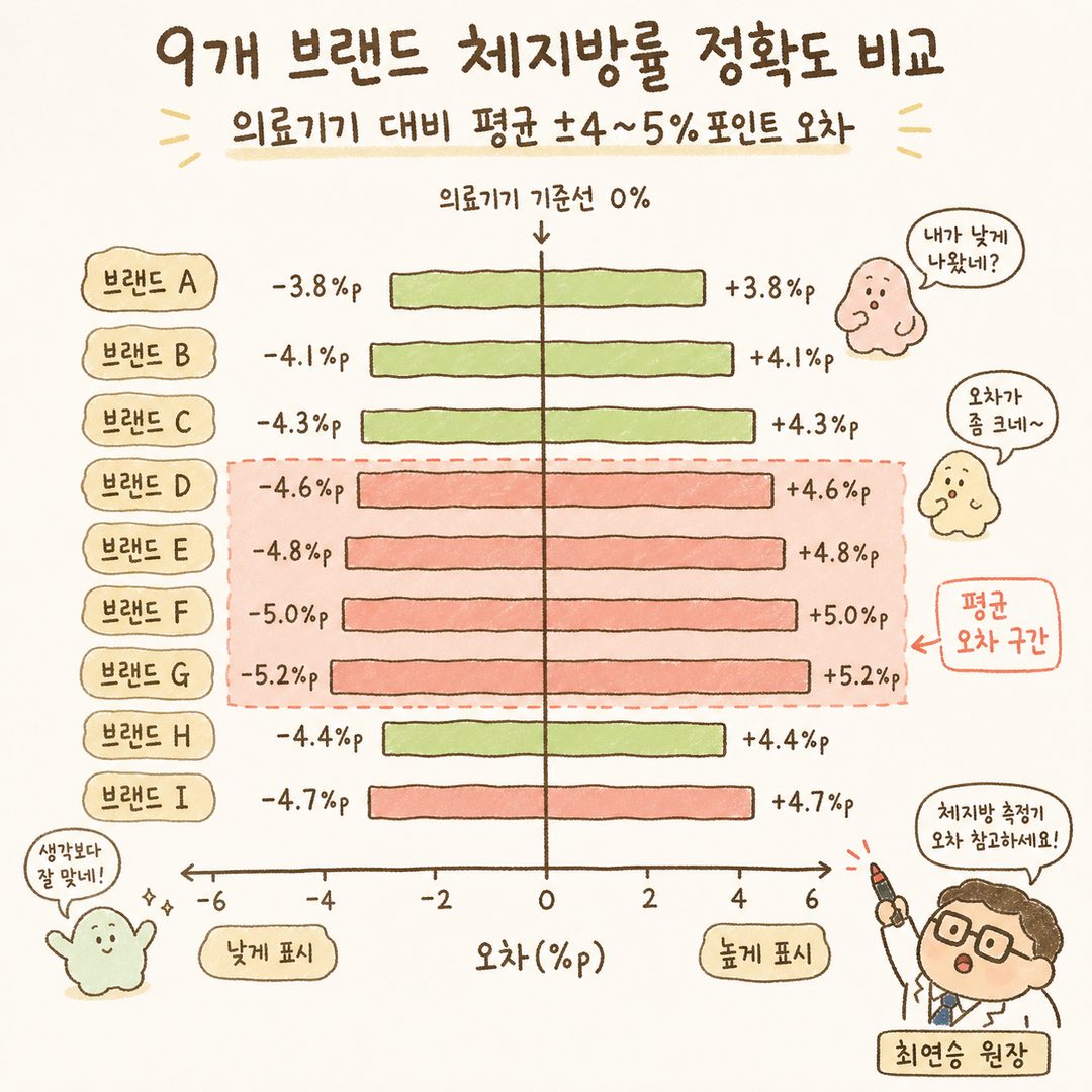 A horizontal bar graph representing body fat percentage errors for 9 smart scale brands tested by the Korea Consumer Agency. Error ranges are displayed symmetrically around the medical device baseline (0%), highlighting an average error of ±4–5 percentage points.