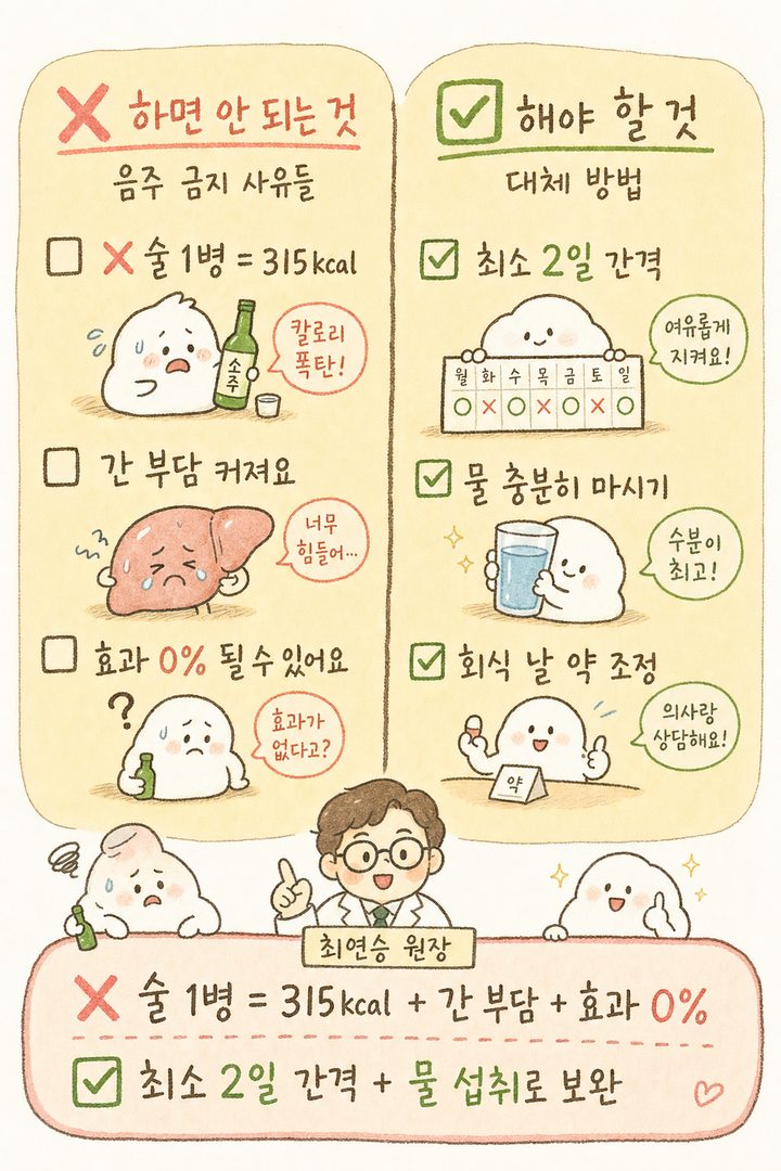 체크리스트: 좌측에 ✗ 빨간 아이콘 '음주 금지 사유들' (알코올 고열량/간 부담/효과 저하), 우측에 ✅ 초록 아이콘 '대체 방법' (물 충분히 마시기/회식 날 약 조정). 명확