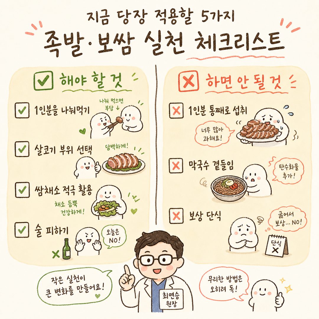 Checklist: '✓ Nên làm' (Chia sẻ suất ăn, chọn thịt nạc, ăn nhiều rau cuốn, tránh rượu) và '✗ Không nên làm' (Ăn hết một suất, ăn kèm mì lạnh)