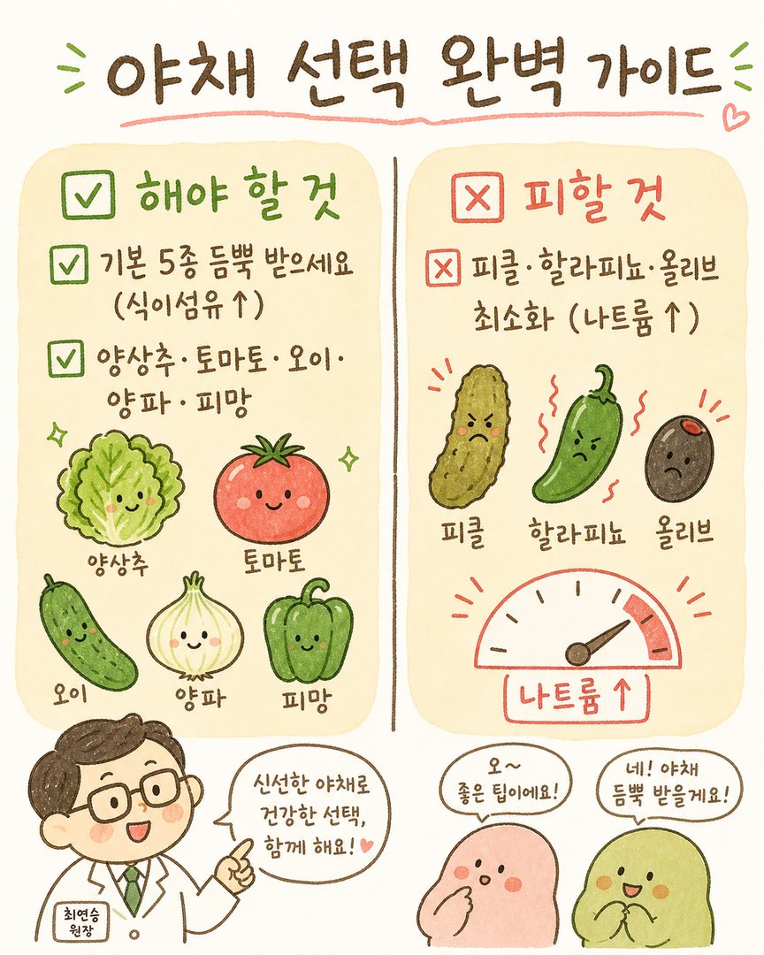 체크리스트를 상하 두 섹션으로 나누어 구성. 상단 ✅ '해야 할 것': 양상추, 토마토, 오이, 양파, 피망을 초록색으로 강조. 하단 ✗ '피할 것': 피클·할라피뇨·올리브를 빨강