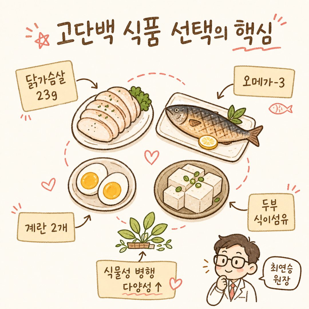 4-5種烹調好的蛋白質食物呈圓形排列。雞胸肉、烤魚、水煮蛋、豆腐等分別用箭頭和標籤標註特徵。如「高蛋白·低脂肪」、「Omega-3」、「膳食纖維」等