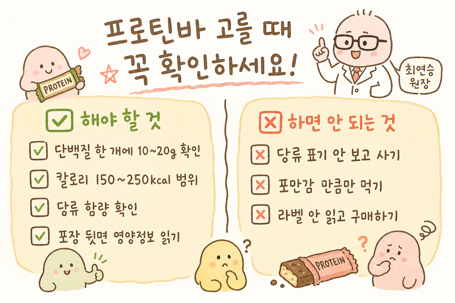 ✅ vs ✗ 체크리스트. 왼쪽 녹색 체크: '단백질 한 개에 1020g 확인 / 칼로리 150250kcal 범위 / 당류 함량 확인 / 포장 뒷면 영양정보 읽기'. 오른쪽 빨강