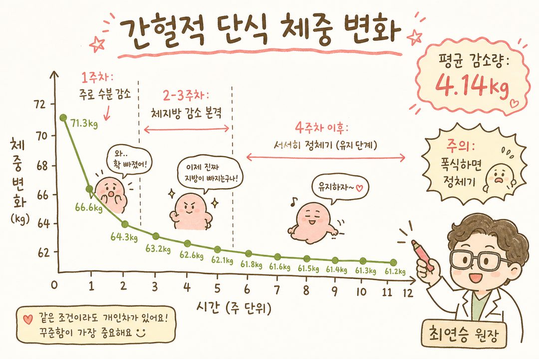 間欠的断食進行時の体重変化を時間別に示す折れ線グラフ — X軸:時間(週単位)、Y軸:体重変化。1週目の急激な下降線(水分減少)、2〜3週目の緩やかな下降線(体脂肪減少)