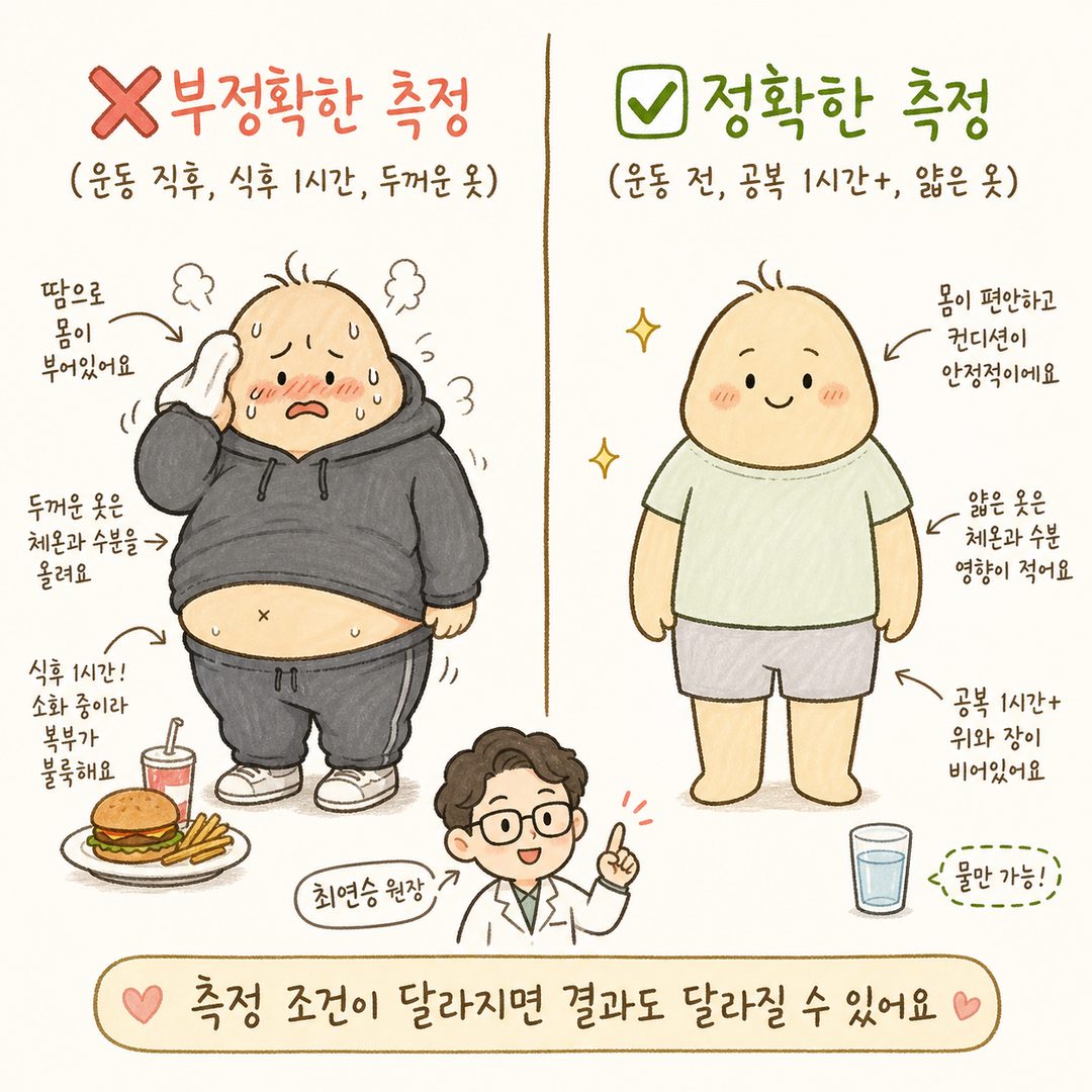 좌측에 운동 직후 땀 흐르는 모습, 두꺼운 옷, 식후 상태를 그려 '❌부정확한 측정' 표시, 우측에 가벼운 옷, 공복 상태, 깔끔한 모습을 그려 '✅정확한 측정' 표시, 같은 사람