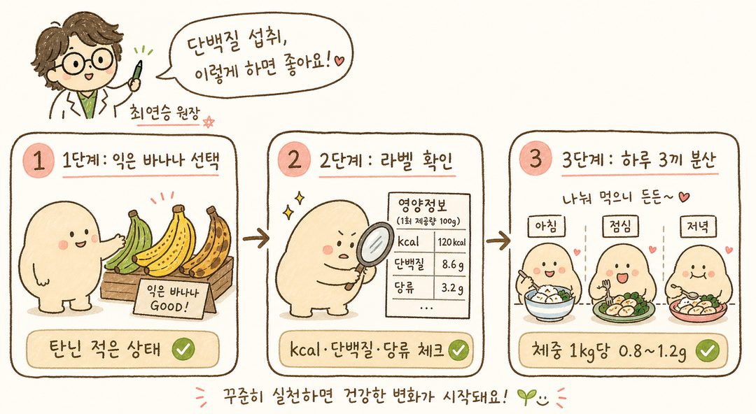 캐릭터가 3단계를 따라 진행하는 모습: (1단계) 익은 노란 바나나를 고르고 있는 장면, (2단계) 영양성분표를 자세히 읽고 있는 장면, (3단계) 하루 여러 끼에 나눠 섭취하는 