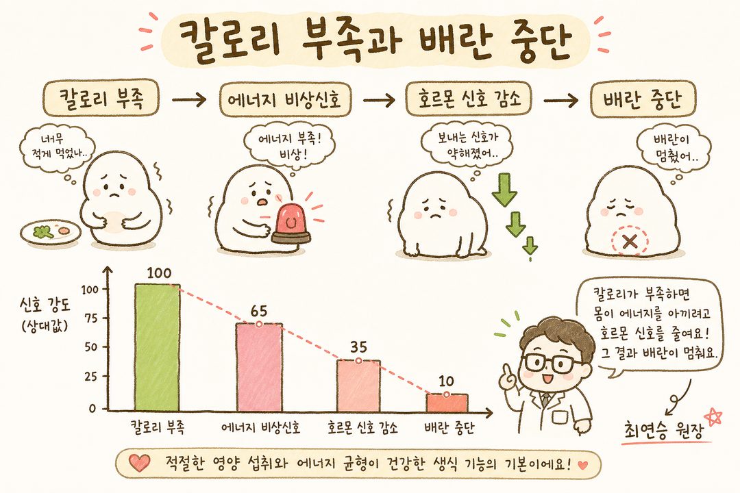 칼로리 부족에서 호르몬 교란까지의 연쇄 인과관계를 화살표와 단순 차트로 표현 — 칼로리 부족 → 시상하부 신호 → 난소 호르몬 감소 → 배란 중단 경로를 시각적 흐름으로