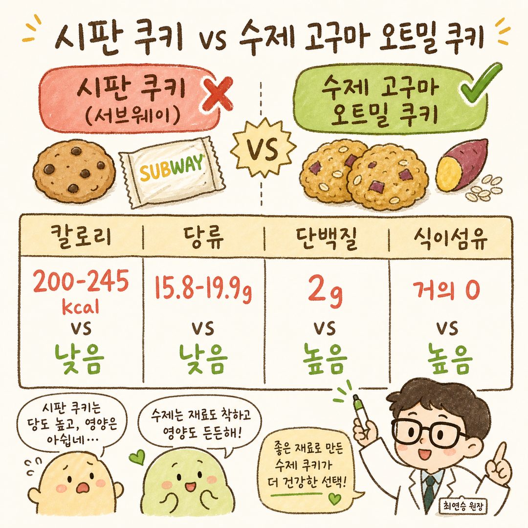 시판 쿠키(서브웨이)와 집에서 만든 고구마 오트밀 쿠키를 좌우로 비교하는 영양정보 표. 시판 쿠키는 빨간색 강조 영역, 수제 쿠키는 초록색 강조 영역으로 구분. 칼로리, 당류, 단