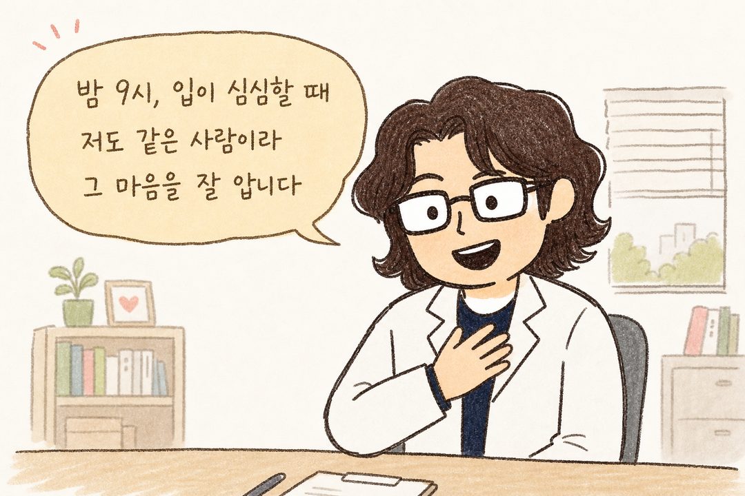 A doctor character showing an empathetic expression toward a patient in a consultation room. Hand on chest with a warm gaze. Background shows a blurred clinic setting (bookshelf, window).