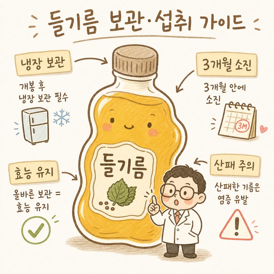 A product guide style for a perilla oil bottle with arrows and labels, showing proper storage methods like refrigeration and expiration dates using icons.