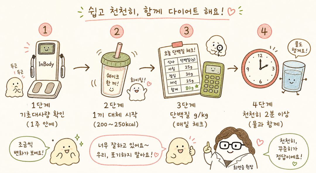 4단계 순서도. 화살표로 연결된 단계별 아이콘: 1단계(인바디 기계), 2단계(쉐이크 잔), 3단계(계산기·식단표), 4단계(시계·물잔). 각 단계 아래 간단한 설명 텍스트. 작은