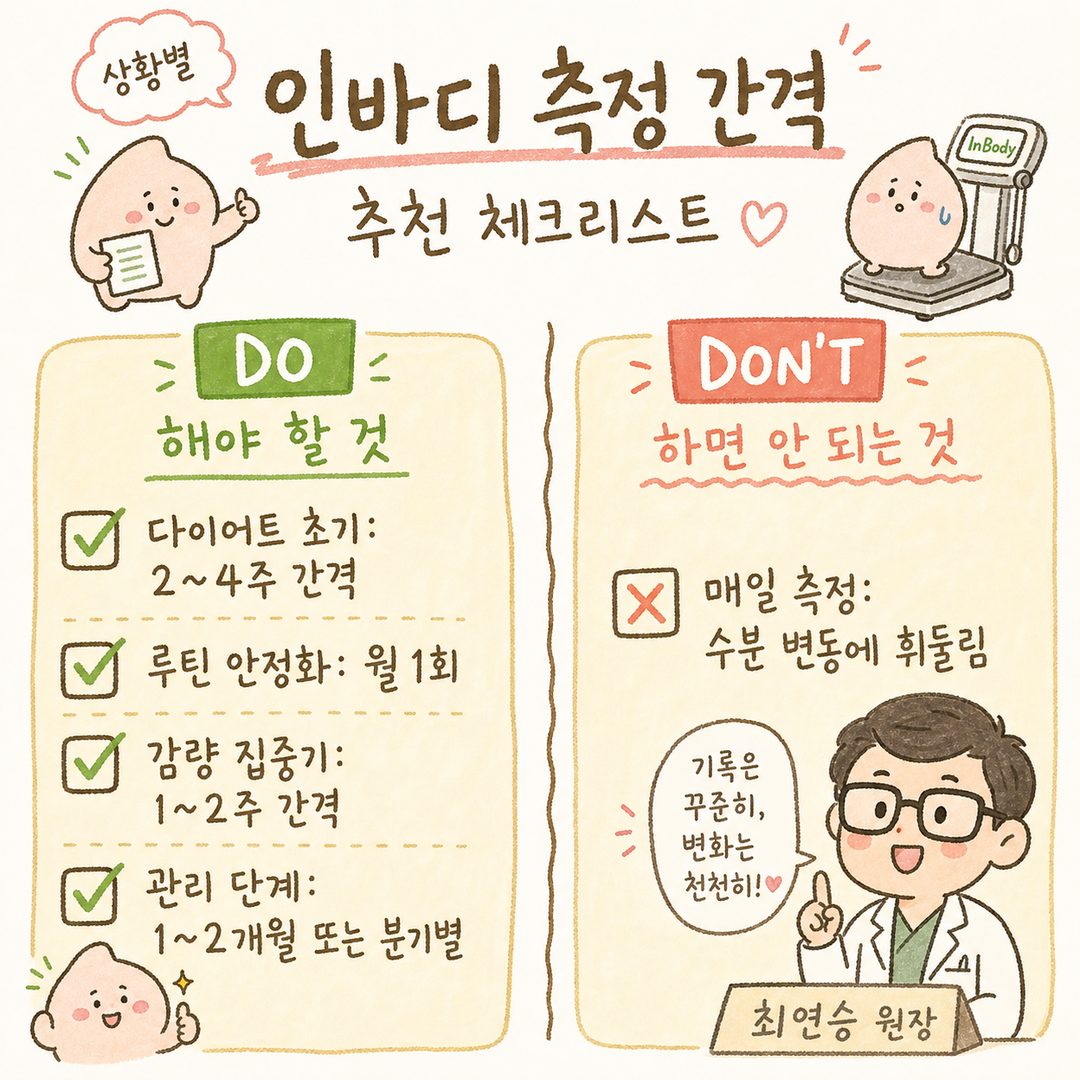 인바디 측정 주기 권장사항을 상황별로 정리한 체크리스트. 다이어트 초기, 루틴 안정화, 감량 집중기, 관리 단계 등 각 상황별로 ✅ 권장 주기와 ✗ 피해야 할 빈도를 명확히 구분하