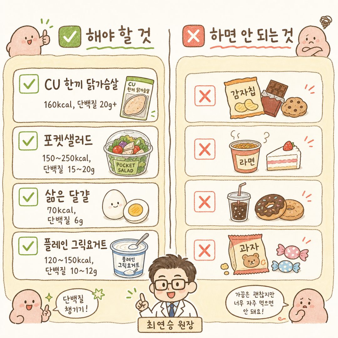 편의점 단백질 식품 4가지를 체크리스트 형식으로 배열: 각 제품마다 ✅ 마크와 함께 칼로리·단백질량을 명시한 카드형 레이아웃. CU 한끼 닭가슴살 스테이크(160kcal, 20g+